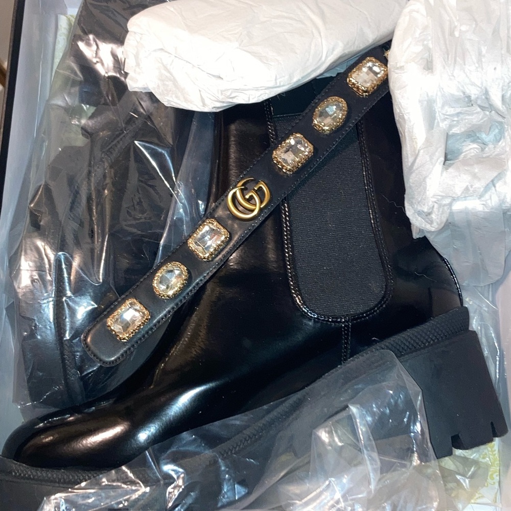 Gucci Black Ankle Boots with Gold GG Strap